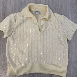 Zara Yellow Sequin Short Sleeve Polo